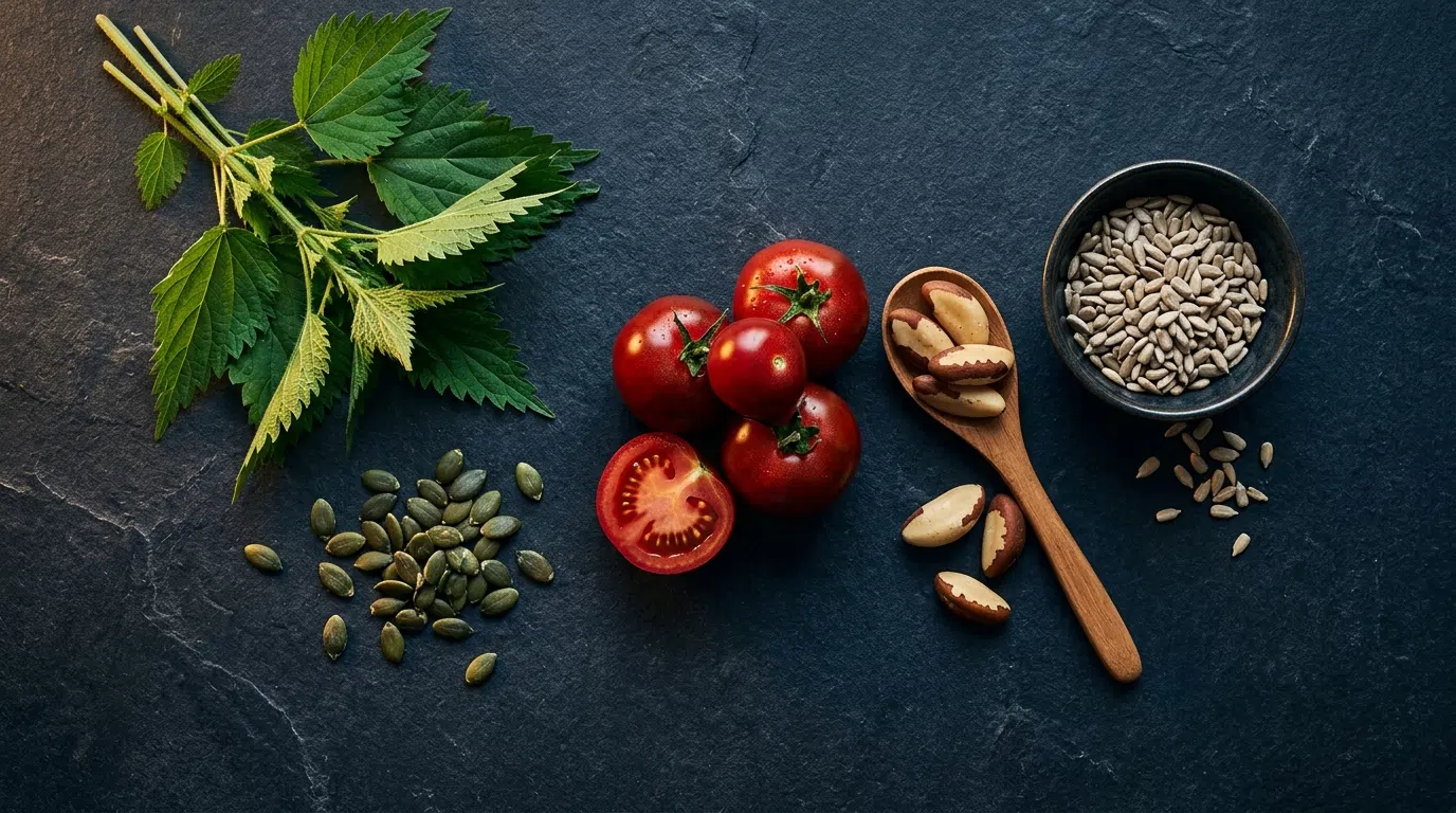 Natural pelvic circulation wellness supplement ingredients - nettle leaves, pumpkin seeds, brazil nuts, tomatoes